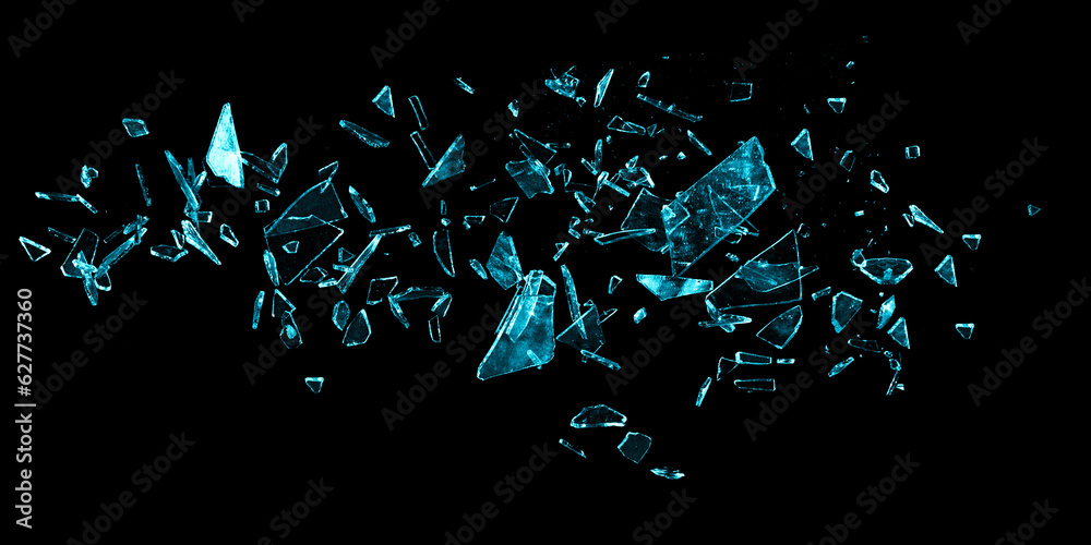 Broken blue glass on the black bachground. Isolated realistic cracked glass effect. 3d illustration	 - obrazy, fototapety, plakaty 