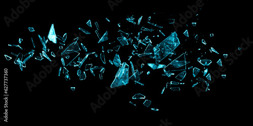 Broken blue glass on the black bachground. Isolated realistic cracked glass effect. 3d illustration	