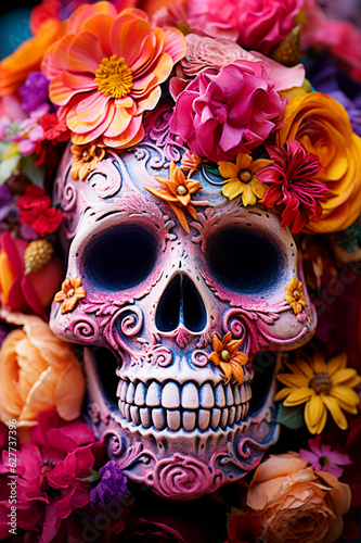 Day of the Dead sugar skull decorated with colorful flowers, close up. selective focus. 