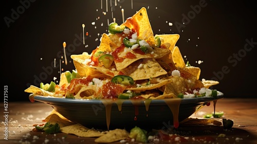 Nachos full of chunks of vegetables with with mayonnaise sauce on black blurred background