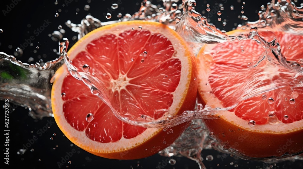 fresh grapefruits splashed with water on black and blurred background fresh grapefruits splashed with water on black and blurred background
