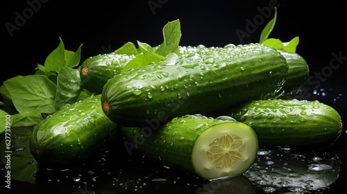 fresh green cucumber splashed with water on black and blurred background