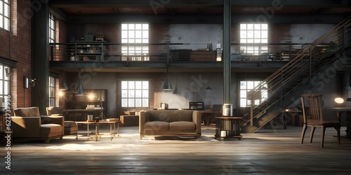 Empty loft apartment, industrial style, 3d render © Jing