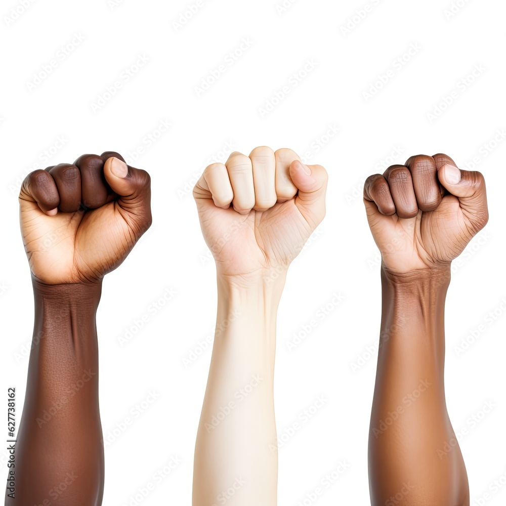 Three different colored hands are raised in a fist Three different colored hands are raised in a fist