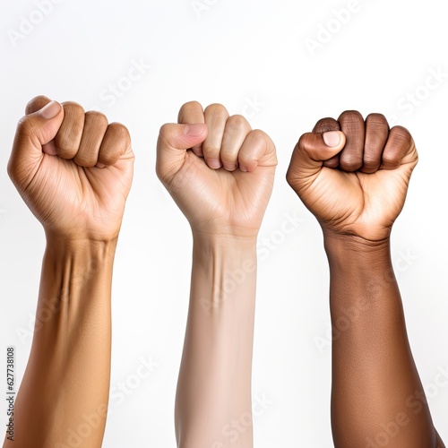 Three different colored hands are raised in a fist