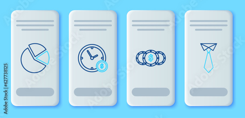 Set line Time is money, Coin with dollar symbol, Pie chart infographic and Tie icon. Vector