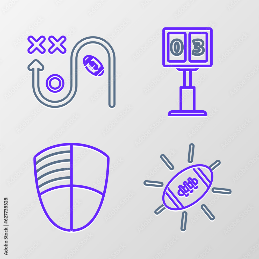 Set line American Football ball, club logo template, Sport football mechanical scoreboard and result display and Planning strategy concept icon. Vector