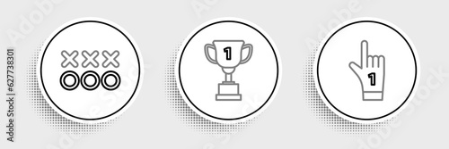Set line Number 1 one fan hand glove with finger raised, Planning strategy concept and Award cup icon. Vector