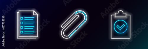 Set line Completed task, File document and Paper clip icon. Glowing neon. Vector