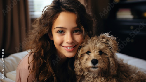Beautiful smiling girl looking at camera while holding cute dog at home.