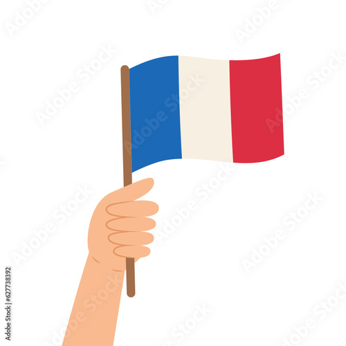 Hand holding a flag of France. Vector illustration of French flag in flat style isolated on white background.