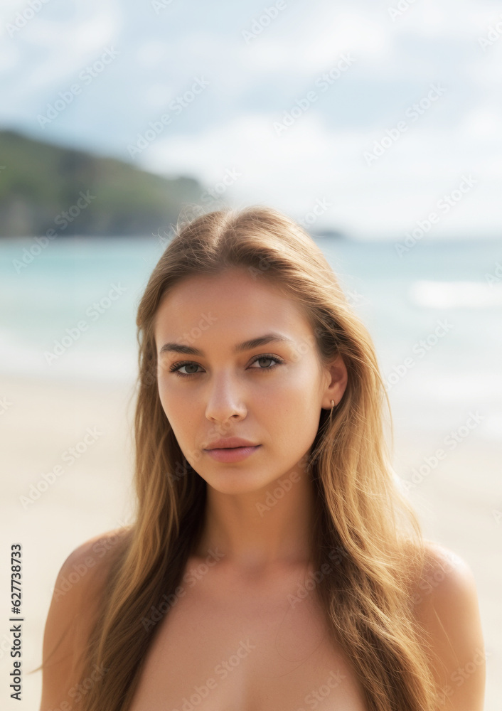 immagine ritratto primo piano di giovane donna, capelli lunghi castano chiaro, sguardo verso l'osservatore, abbronzatura, sfondo con mare e spiaggia immagine ritratto primo piano di giovane donna, capelli lunghi castano chiaro, sguardo verso l'osservatore, abbronzatura, sfondo con mare e spiaggia