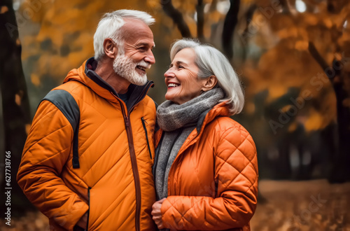 Happy elderly couple embracing in autumn park, generative AI 