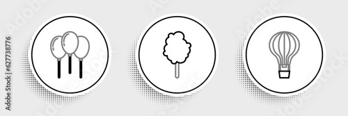 Set line Hot air balloon, Balloons with ribbon and Cotton candy icon. Vector