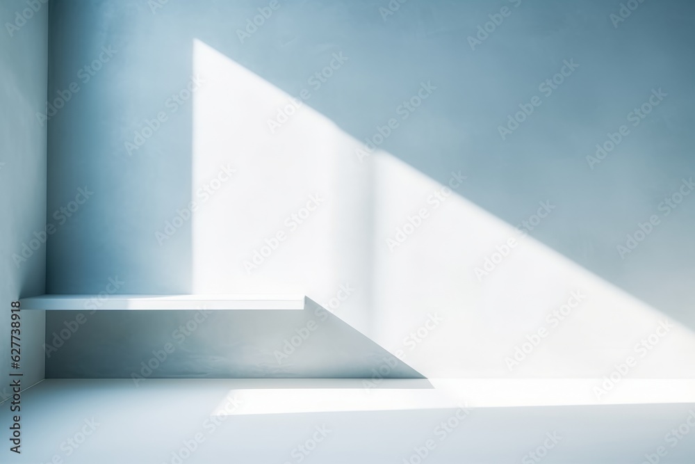 product presentations with a minimal abstract light blue backdrop. Shadows and light from windows play gracefully on the plaster wall Generative AI product presentations with a minimal abstract light blue backdrop. Shadows and light from windows play gracefully on the plaster wall Generative AI