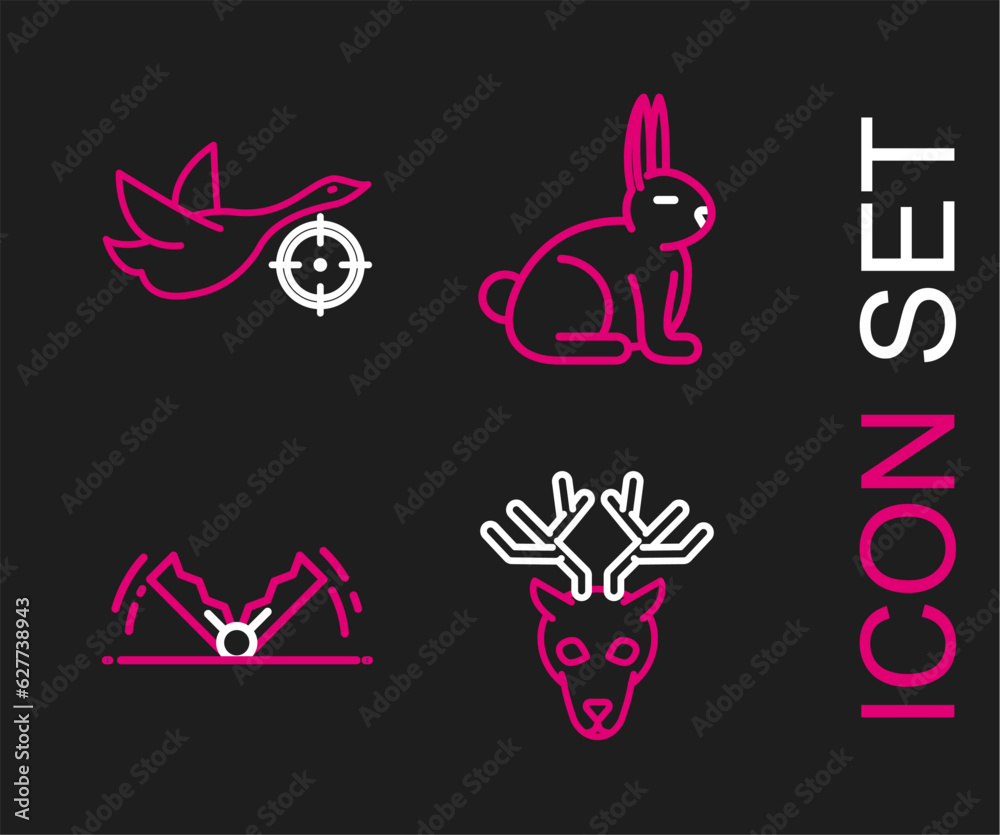 Fototapeta premium Set line Deer head with antlers, Trap hunting, Rabbit and Hunt on duck crosshairs icon. Vector