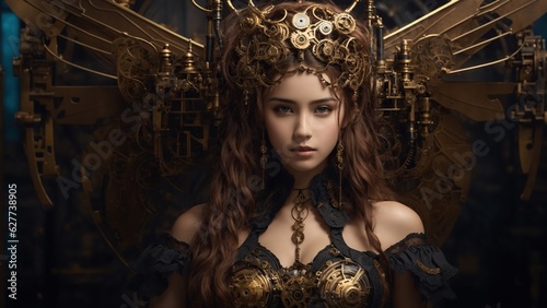 In a labyrinthine steampunk world is a girl with mechanical wings in a clockwork design. 