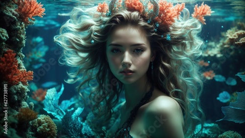 In a bright underwater realm sits a girl with flowing hair and opalescent scales