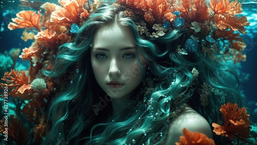 In a bright underwater realm sits a girl with flowing hair and opalescent scales