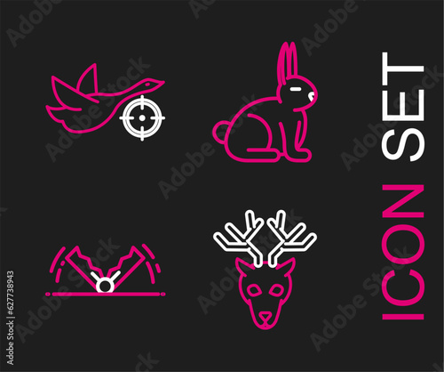 Set line Deer head with antlers, Trap hunting, Rabbit and Hunt on duck crosshairs icon. Vector