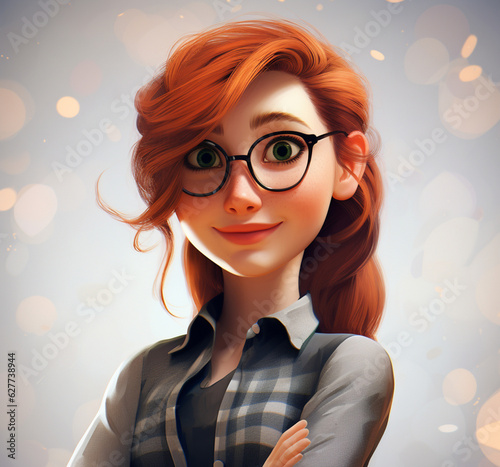 Woman with folded arms, proud look, 3d drawing, red hair, film animation style
