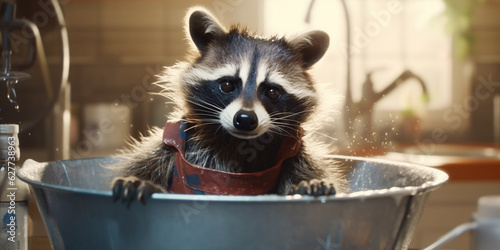Cheerful Raccoon Having Fun Doing Dishes in the Kitchen - AI generated
