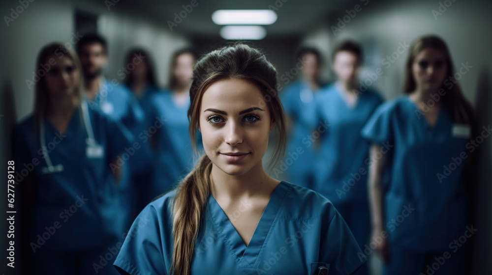 Portrait of a young nursing student standing with her team in hospital, dressed in scrubs, Doctor intern Portrait of a young nursing student standing with her team in hospital, dressed in scrubs, Doctor intern