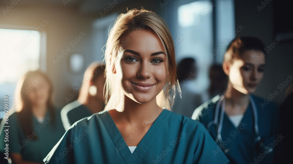 Portrait of a young nursing student standing with her team in hospital, dressed in scrubs, Doctor intern Portrait of a young nursing student standing with her team in hospital, dressed in scrubs, Doctor intern