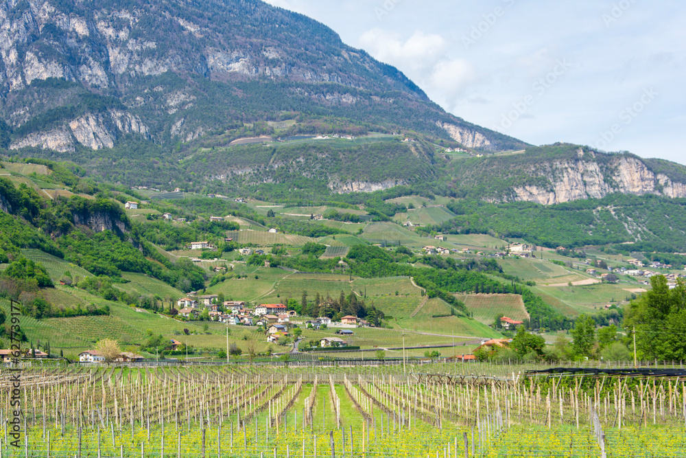 View from Margreid, south Tyrol, Italy, towards the nearby mountains and the village Entiklar