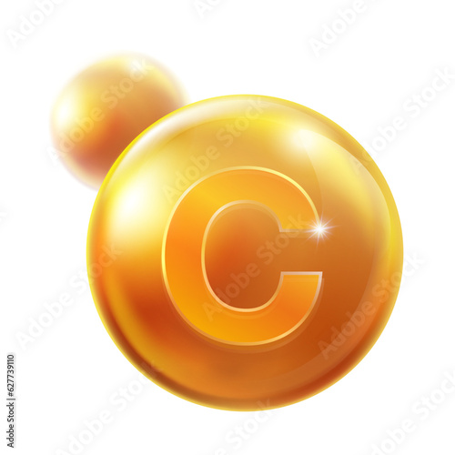 Vitamin C concentrate is a transparent orange capsule on a white background isolated. Medicine business concept, nutritional supplement, multivitamin. Vector illustration.