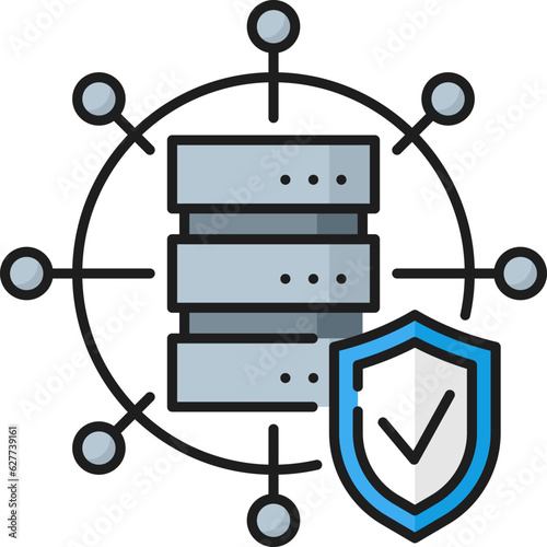 Secure connection. CDN. Content delivery network icon, blog portal database administration and publishing system symbol, internet and network technology outline vector pictogram with server and shield