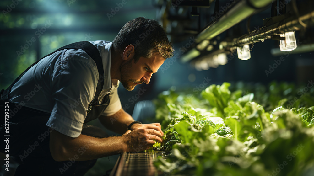 Biologist Farmer Cultivating Healthy Green Plants in High-Tech Greenhouse. Modern Hydroponic Agriculture, Exploring Hydroponics for Nutrient-Rich Farm-to-Table Produce. Sustainable Farming Biologist Farmer Cultivating Healthy Green Plants in High-Tech Greenhouse. Modern Hydroponic Agriculture, Exploring Hydroponics for Nutrient-Rich Farm-to-Table Produce. Sustainable Farming