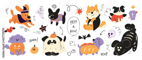 Happy Halloween day lovey pet vector. Cute collection of dogs with halloween costumes, ghost, bat, pumpkin, spider. Adorable animal characters in autumn festival for decoration, prints, cover.