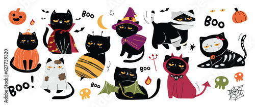 Happy Halloween day lovey pet vector. Cute collection of cats with halloween costumes, ghost, bat, pumpkin, spider. Adorable animal characters in autumn festival for decoration, prints, cover.