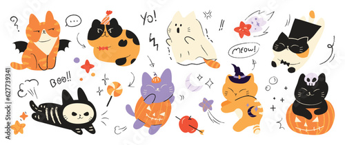 Happy Halloween day lovey pet vector. Cute collection of cats with halloween costumes, ghost, bat, pumpkin, spider. Adorable animal characters in autumn festival for decoration, prints, cover.