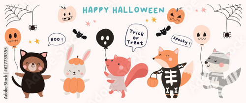Happy Halloween day lovey animal vector. Cute collection of wildlife with halloween costumes, fox, rabbit, bear, spider. Adorable animal characters in autumn festival for decoration, prints, cover.