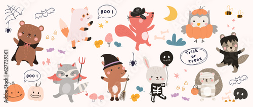 Happy Halloween day lovey animal vector. Cute collection of wildlife with halloween costumes, fox, bird, rabbit, bear. Adorable animal characters in autumn festival for decoration, prints, cover.