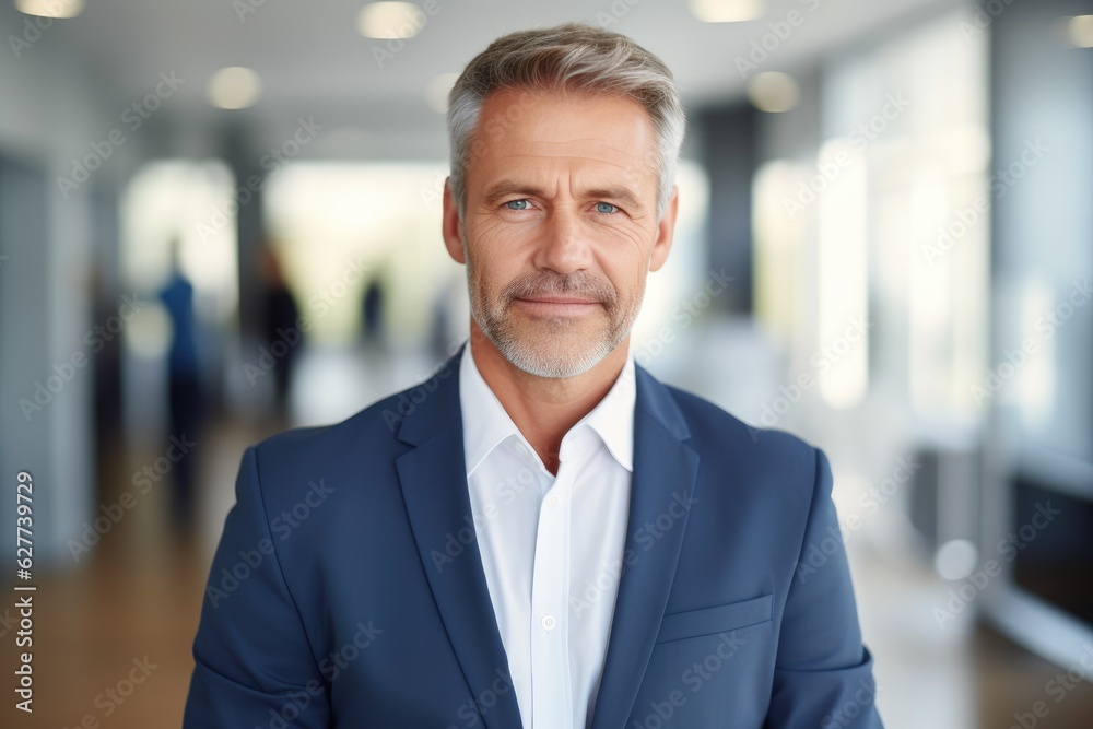 Happy mid aged older business man executive standing in office. Generative AI Happy mid aged older business man executive standing in office. Generative AI