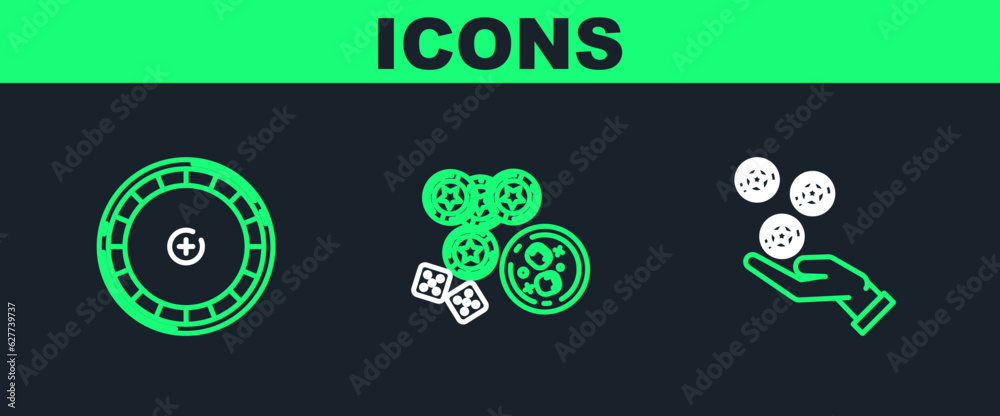 Set line Hand holding casino chips, Casino roulette wheel and game dice glass of whiskey with ice cubes icon. Vector Set line Hand holding casino chips, Casino roulette wheel and game dice glass of whiskey with ice cubes icon. Vector