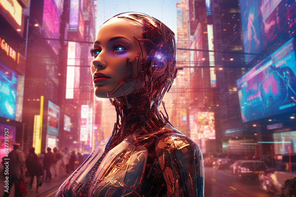 A visually elaborate depiction of a female robot in a futuristic cyberpunk cityscape, with towering skyscrapers and holographic billboards in the background Generative AI
