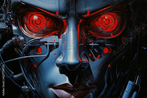 The incredible detail of a hyperrealistic portrait showcasing the glowing, cybernetic eyes of a robot with an aura of mystery Generative AI