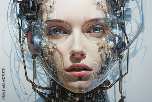 The breathtaking realism of a hyperrealistic portrait showcasing the intricate cybernetic circuitry beneath the robot's transparent skin Generative AI photo