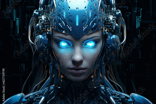 A visually elaborate depiction of a female robot with eyes that emit a soft  bioluminescent glow in the dark Generative AI