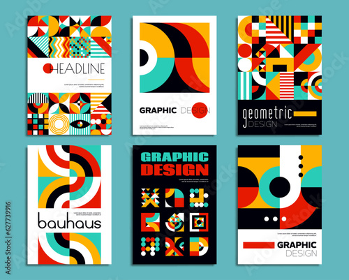 Bauhaus posters. Geometric abstract patterns with minimal shapes. Vector backgrounds, vintage art layout templates with bold typography and primitive elements as circles, triangles, dots and squares