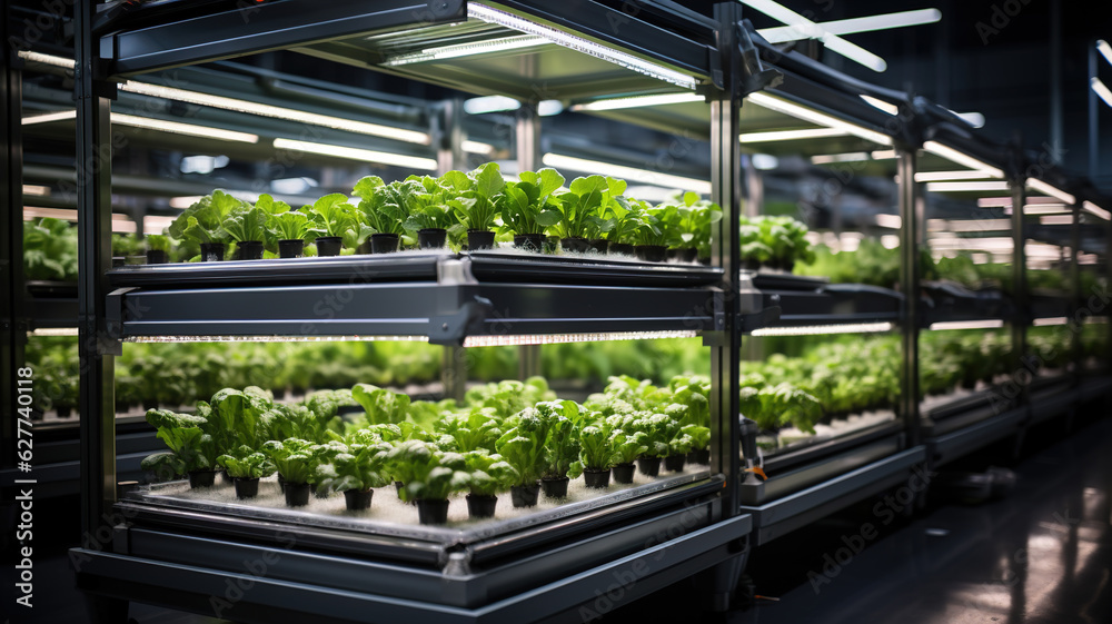 Hydroponic Vegetable Farm: Lush Organic Lettuce Salad Leaves in Modern Hydroponics System. Sustainable Agriculture for Fresh and Healthy Greens. generative ai