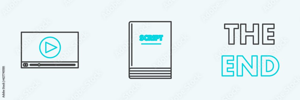 Set line The End handwritten inscription, Online play video and Scenario icon. Vector Set line The End handwritten inscription, Online play video and Scenario icon. Vector