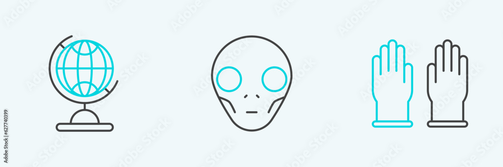 Set line Rubber gloves, Earth globe and Extraterrestrial alien face icon. Vector Set line Rubber gloves, Earth globe and Extraterrestrial alien face icon. Vector
