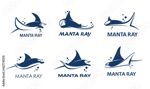 Manta ray animal icons, stingray or sting ray fish on water wave with bubbles, vector emblems for company. Manta ray symbols for marine brand, yacht sport club or sea and ocean holiday resort sign
