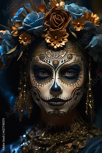 a sugar skull face baroque style fashion . Ai generative © ZoomTeam