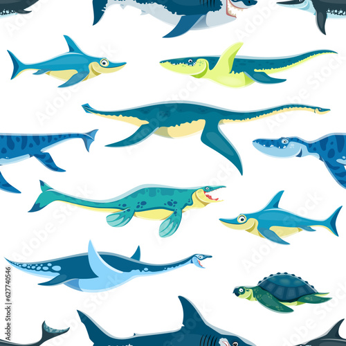 Cartoon aquatic dinosaur characters seamless pattern. Wrapping paper  fabric print vector pattern with Ophthalmosaurus  Kronosaurus  Plesiosaurus and Tylosaurus  Liopleurodon  Elasmosaurus dinosaurs